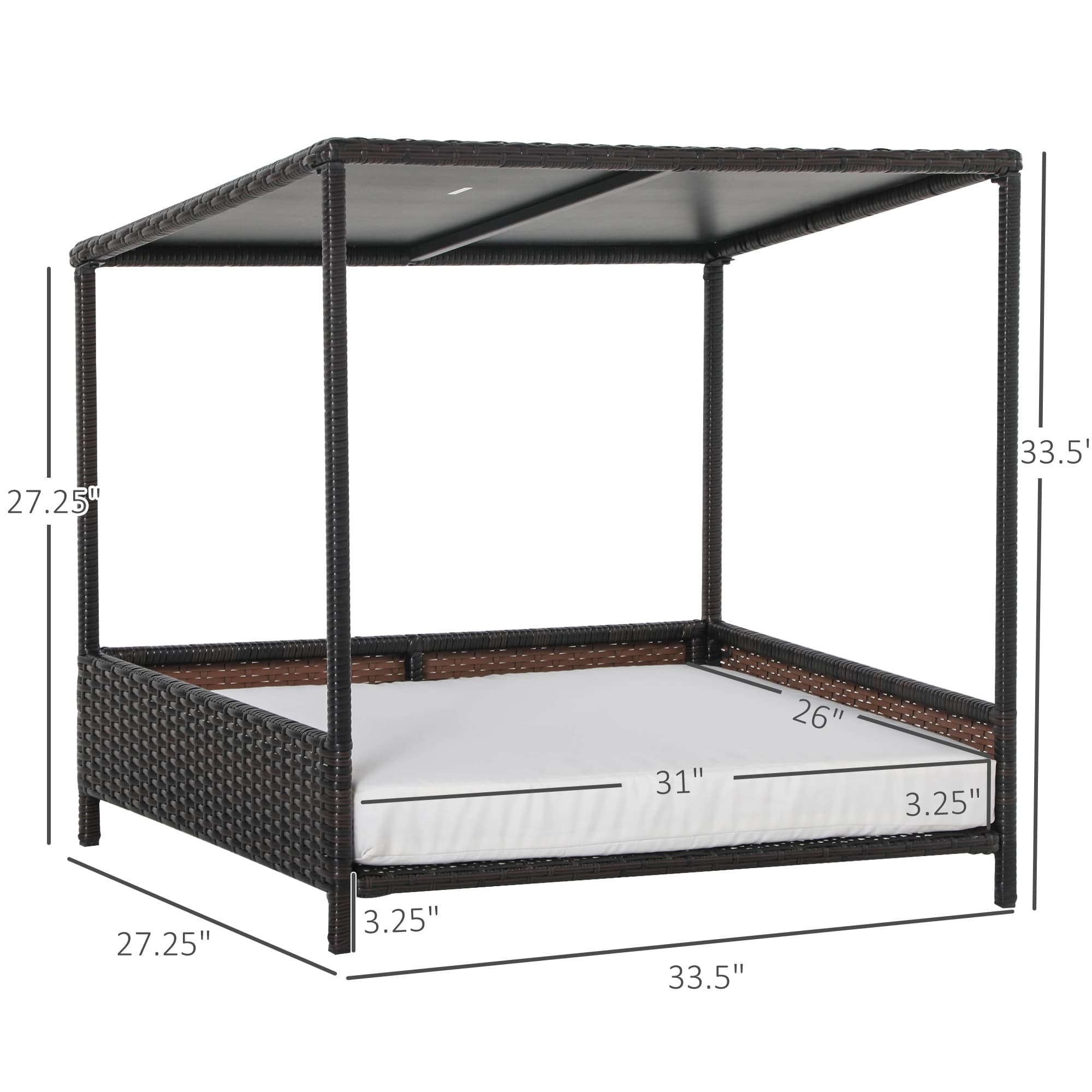  Wicker Dog House Raised Rattan Puppy Bed Cat Shelter for Indoor Outdoor Garden Patio Pet Sofa with Removable Cushion for Medium Sized Pet Brown
