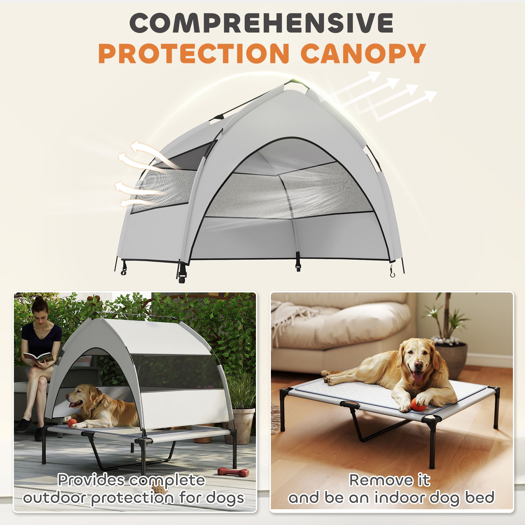 Elevated Dog Cot with Removable Canopy and Cooling Pad