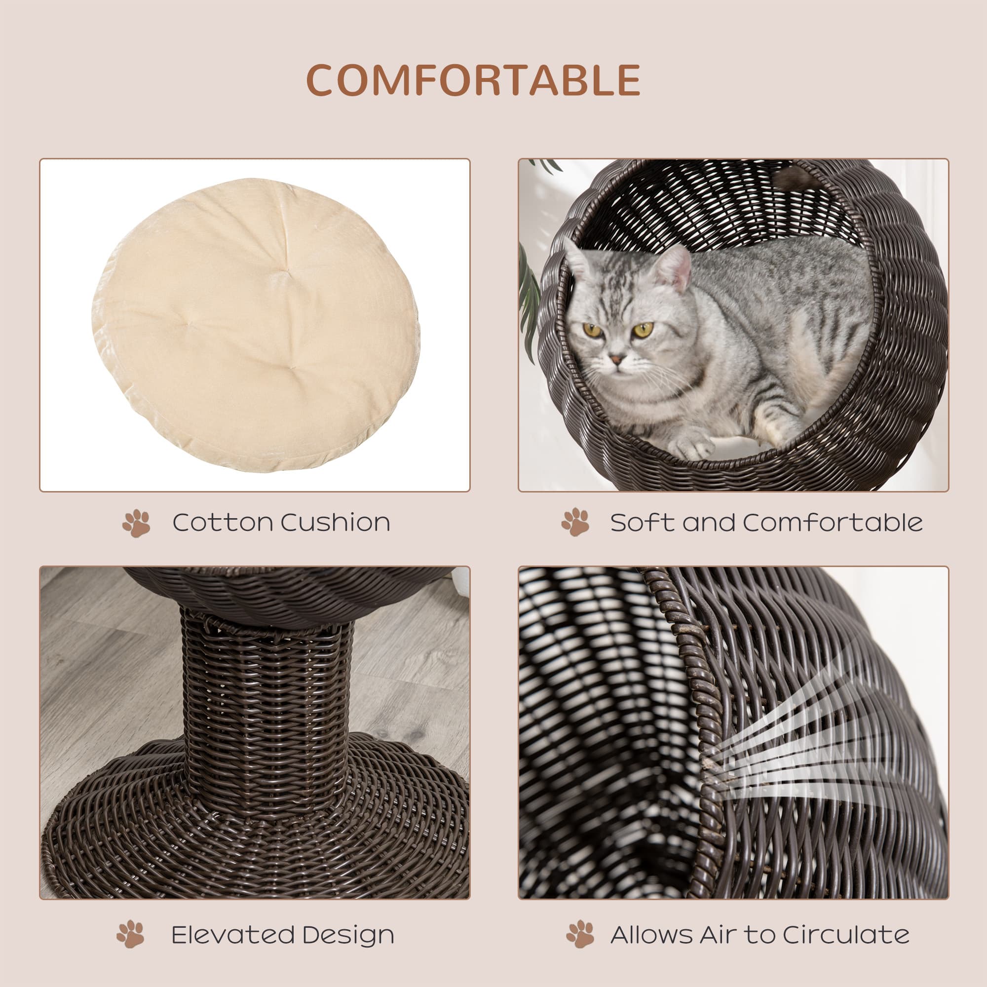 Elevated Cat Egg Chair Bed with Cushion and Grass-Woven Base