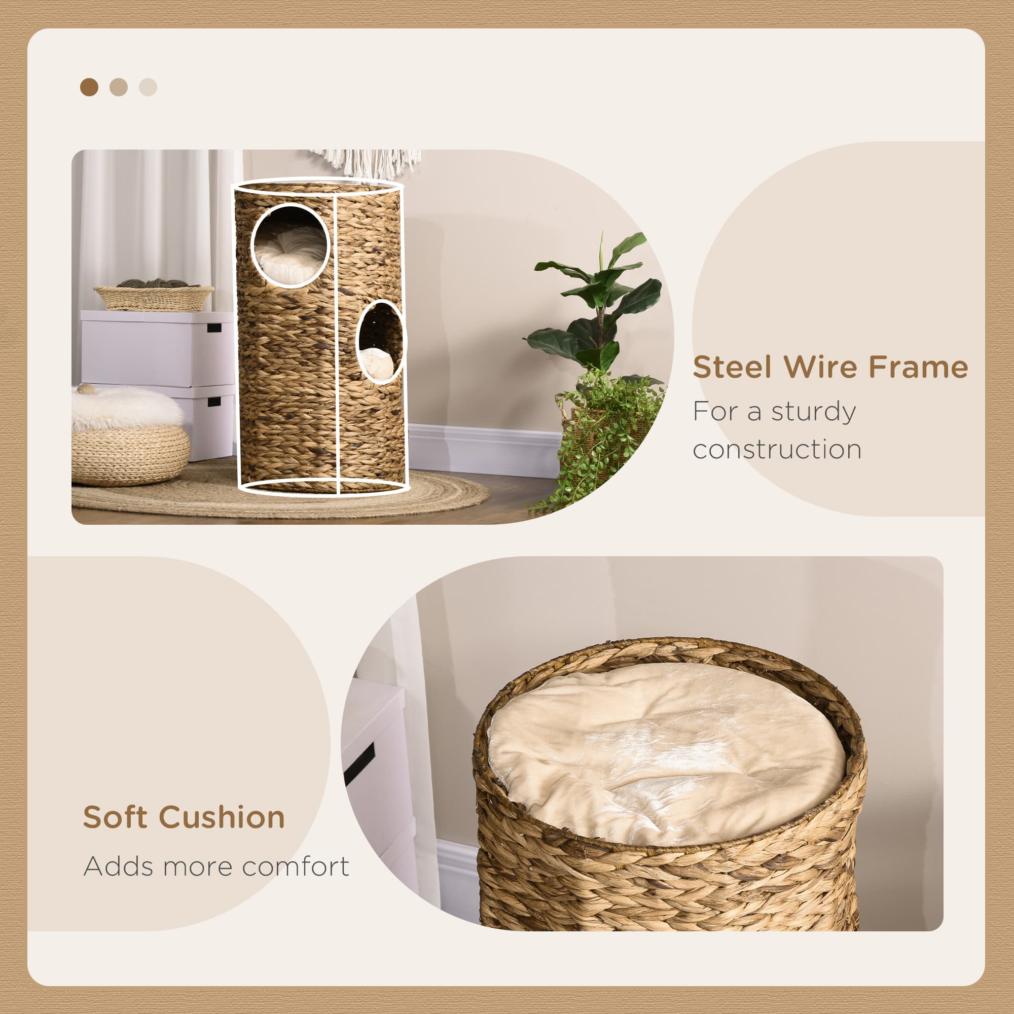  Elevated Cat Bed with Three Hideaways & Four Soft Plush Cushions, Cat Tower with Hand-Woven Materials, Multi-Layer Raised Kitten Bed Caves