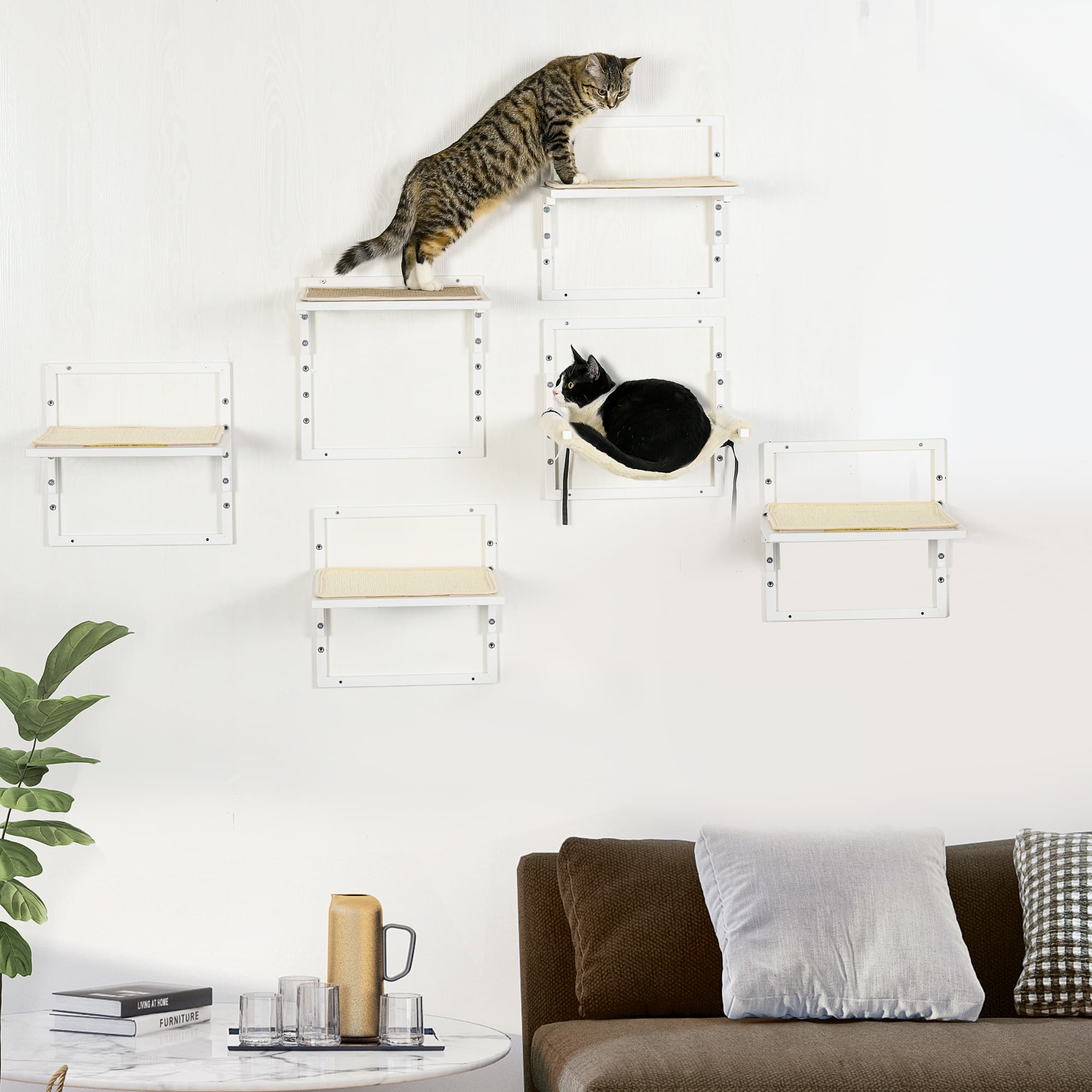 Modern Wall Cat Furniture Set with Platforms and Hammock, 6-Piece