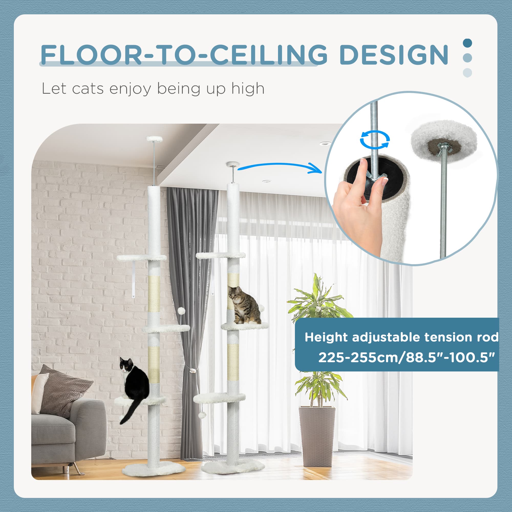  8.4' Floor to Ceiling Cat Tree, Adjustable Height, White
