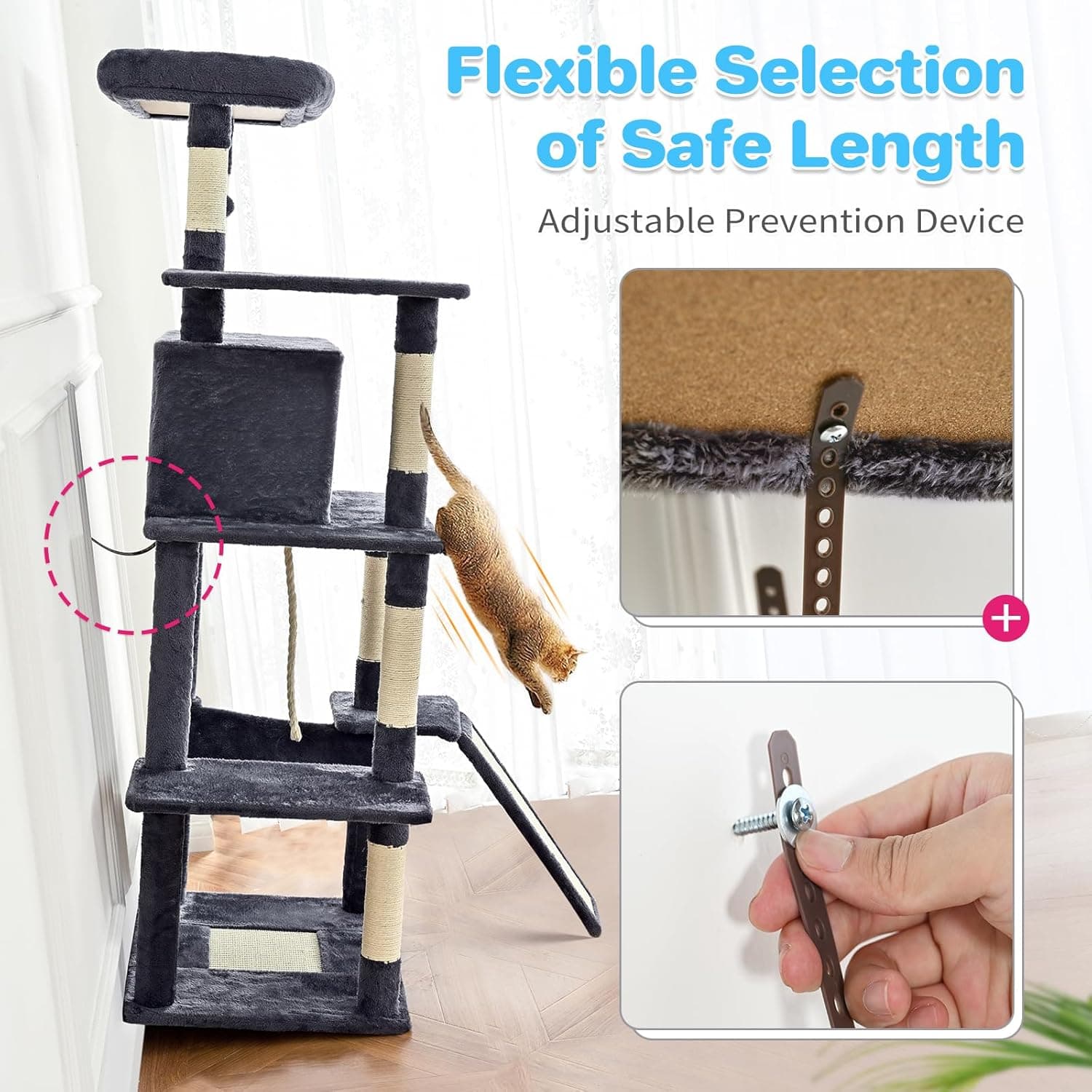 ABCPET 63-inch Multi-level Cat Climbing Frame, Indoor Cat Sisal Scratch Post, Cat Bed, Hammock, Hanging Ball, Extension Platform,Self-pickup Only