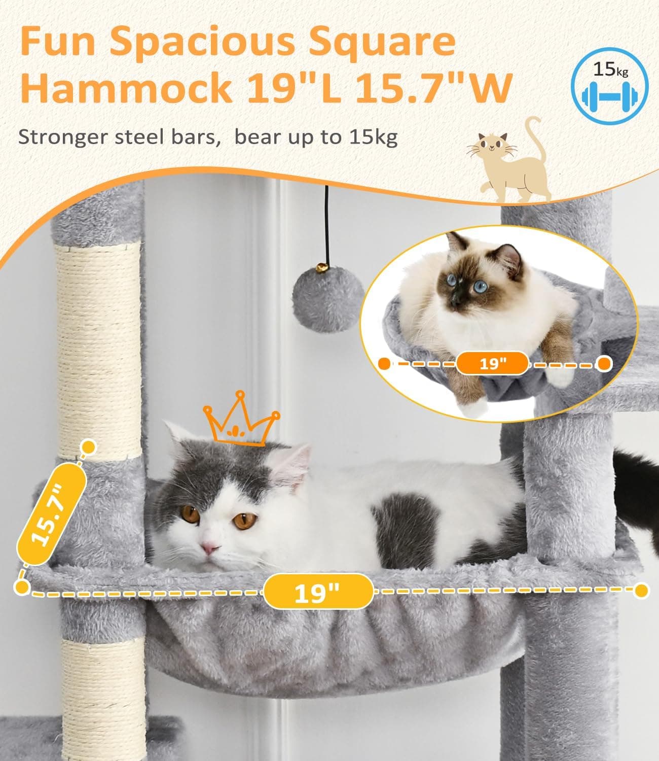ABCPET Large Cat Tree, Cat Tower, Multi-Tier, Indoor Cat, Sisal Scratching Post, Widened Cat Perching Post, Square Hammock, Widened Cat House, Light Gray,Self-pickup Only